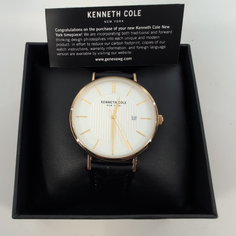 Kenneth Cole Watch Mens 40mm Gold Tone‎ White Dial Date Black Leather Strap READ